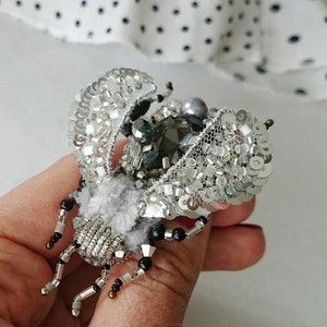 Silver Beaded Insect Brooch Pin, 3d Beetle Pin, Bug Shawl Pin
