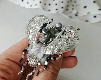 Silver Beaded Insect Brooch Pin, 3d Beetle Pin, Bug Shawl Pin