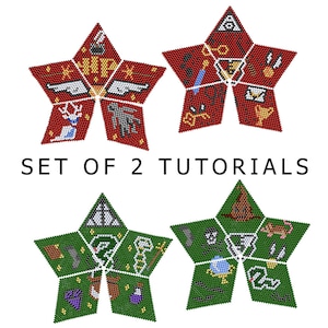 May include: Set of two beading tutorials for creating star-shaped ornaments. Each star features a different Harry Potter house theme with a red and gold color scheme for Gryffindor and a green and gold color scheme for Slytherin.