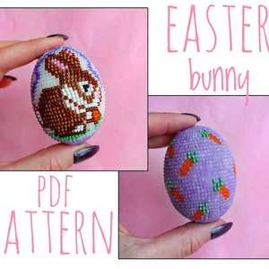 May include: Two beaded Easter eggs. One egg features a brown bunny design, the other a purple egg with orange carrot patterns. The words "EASTER bunny" and "PDF PATTERN" are written in pink.