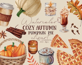 Puede incluir: Ilustraciones de acuarela de elementos otoñales, que incluyen calabazas, palitos de canela, una tarta, una cesta de calabazas, una vela, una taza de café y una hoja. El texto "Watercolor Cozy Autumn Pumpkin Pie Clipart 30 elements 300 dpi" está incluido en la imagen.