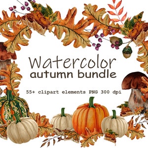 55 + Fall watercolor clipart bundle, Rust orange floral, Floral wreath png, Foliage border png, Rustic floral, Floral corner border