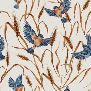 Aquarel vliegende vogels en tarwe oren naadloos patroon. Bewaar de datumkaart. Vintage botanisch behang. Zomerkunst aan de muur