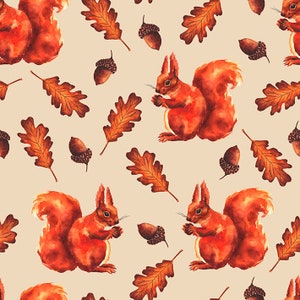 Aquarell Eichhörnchen Druck, Eichel und Herbstblätter nahtlose Clipart png. Vintage Tapete. Herbstliche Wandkunst