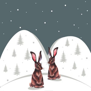 Weihnachtskaninchen auf dem Hügel svg, Weihnachtskarten png. Weihnachtlicher Stoffdruck.