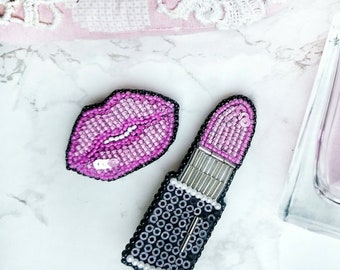 Set of brooches lips and lipstick