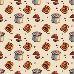 Handbemalte Kaffeebecher mit Cinnabonen als png. Herbst Tapete. Kaffee Wandkunst