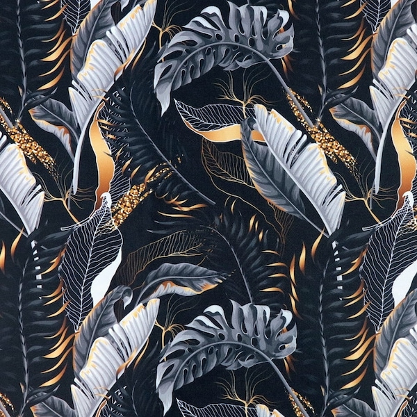 Toile cirée naturelle abstraite de jungle exotique noire d'or imperméable à l'eau vendue par demi-mètre