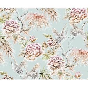 Japanische Kraniche Polster Stoff Home Decor Kissenbezug Blau Samt Verkauf von einem halben Meter