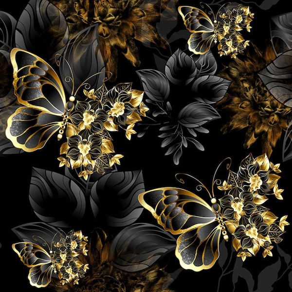 Gold Butterflies Upholstery Home Decor Furnishing Velvet Fabric Sold By the Half a Meter