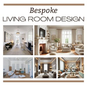 Puede incluir: Imagen que muestra varios diseños de salones. El texto "Bespoke LIVING ROOM DESIGN" está en la parte superior. La imagen es un collage de diferentes interiores de salones, cada uno con arreglos de muebles, combinaciones de colores y detalles arquitectónicos únicos.