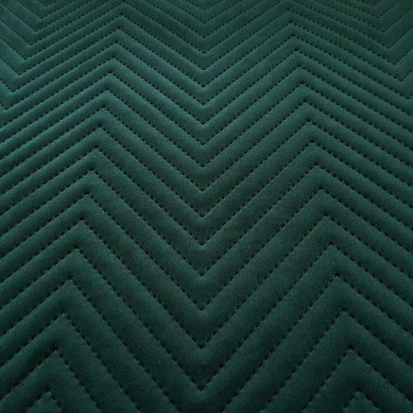 Zig Zag Quilted Bottle Green Velvet Soft Touch Luxury Upholstery Decorative Fabric Sold By the Metre