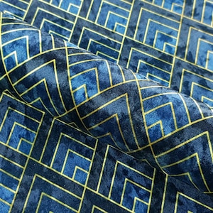 Navy Art Deco Ornament Furnishing Fabric Upholstery Home Decor Geometric Crushed Velvet Sell By Half a Meter