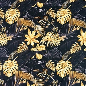 Gold Palm Leaves Nature Floral Plant Furnishing Upholstery Fabric Velvet Sell By Half a Meter