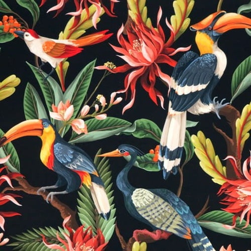 Tissu d'ameublement décoratif en velours avec oiseaux exotiques tropicaux vendu au mètre