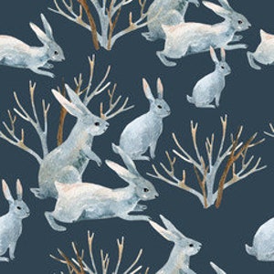White Rabbits Cotton Navy Fabric Soft Furnishing Woven Fabric Sold By Half a Metre