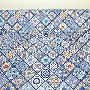 Waterproof Blue Portugal Tiles Ornaments Mosiac Printed Fabric Oilcloth Outdoor Sold By Half Meter