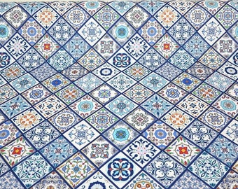 Waterproof Blue Portugal Tiles Ornaments Mosiac Printed Fabric Oilcloth Outdoor Sold By Half Meter