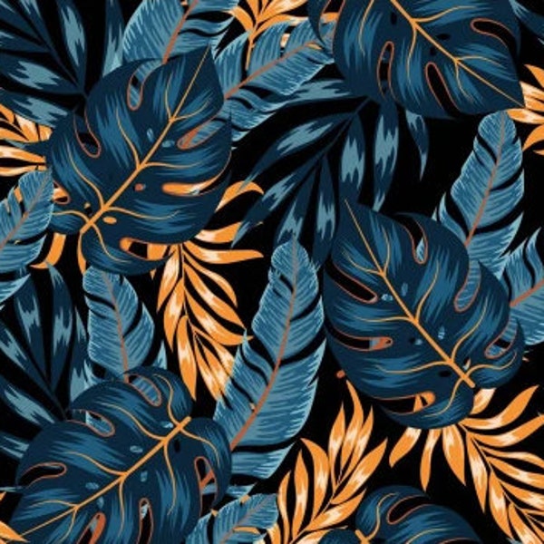 Blue Orange Tropical Jungle Leaves Upholstery Home Decor Nature Crushed Velvet Sell By the Metre