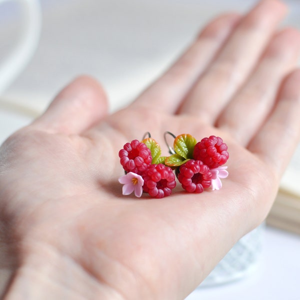 Raspberry earrings Blossom jewelry Clay berry earrings Fruit earrings Pink flower earrings Mother day gift Mom gifts Present for birthday