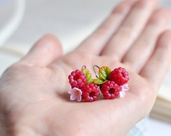 Raspberry earrings Blossom jewelry Clay berry earrings Fruit earrings Pink flower earrings Mother day gift Mom gifts Present for birthday