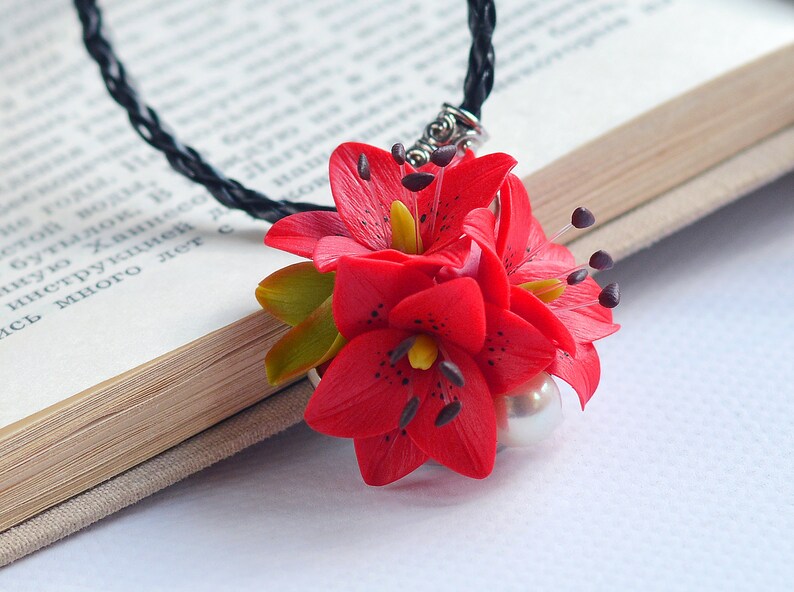Clay lily pendant Lily necklace Clay flower jewelry Red floral Etsy