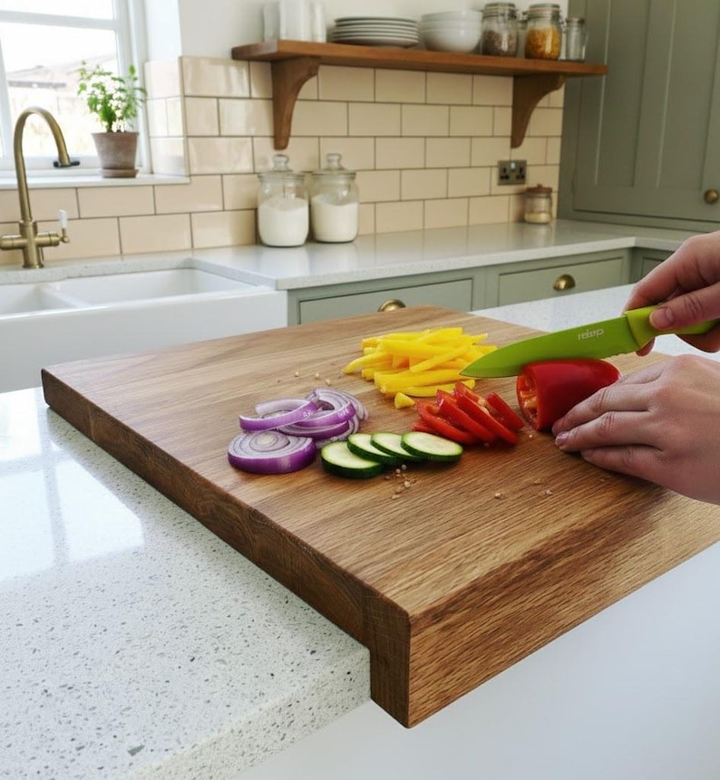 Hands slicing a red pepper on a thick solid oak worktop protector, alongside sliced red onions, yellow peppers, and cucumbers. The image highlights the natural wood grain and the secure edge-of-counter lip design.