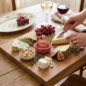Solid oak worktop saver chopping board with a lip edge, styled as a charcuterie board on a wooden dining table with cheeses, cured meats, grapes, figs, and wine glasses.