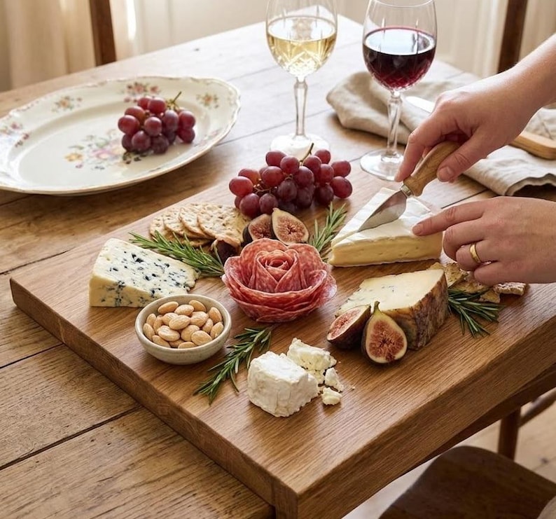 Solid oak worktop saver chopping board with a lip edge, styled as a charcuterie board on a wooden dining table with cheeses, cured meats, grapes, figs, and wine glasses.