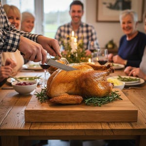 A person carving a whole roasted chicken with rosemary and lemon on a large solid oak worktop saver. The board features a 33mm stability lip that hooks securely over the edge of a white speckled quartz countertop in a farmhouse-style kitchen.