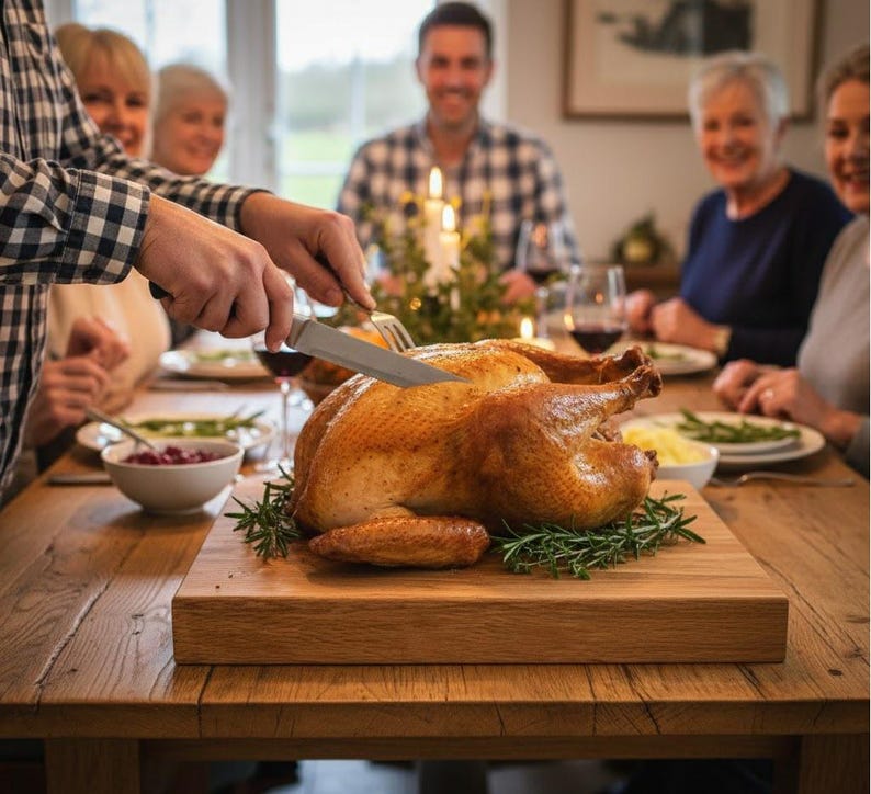 A person carving a whole roasted chicken with rosemary and lemon on a large solid oak worktop saver. The board features a 33mm stability lip that hooks securely over the edge of a white speckled quartz countertop in a farmhouse-style kitchen.