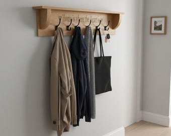 Solid Oak Coat Rack with Shelf - Entryway Organizer - Wooden Wall Mounted Hooks for Hallway