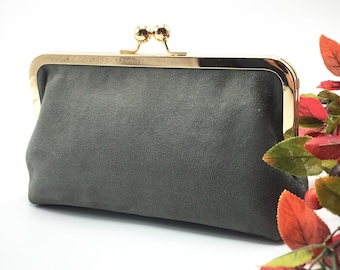 Charcoal Gray Vegan Suede Kiss Lock Clutch/Wedding Clutch Bag/Clasp Wallet Purse/Evening Clutch/Cosmetic Bag/Travel Wallet/Passport Holder