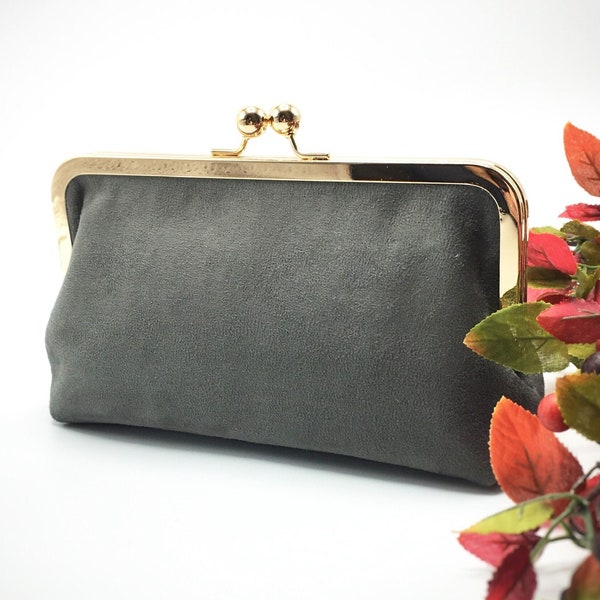 Charcoal Gray Vegan Suede Kiss Lock Clutch/Wedding Clutch Bag/Clasp Wallet Purse/Evening Clutch/Cosmetic Bag/Travel Wallet/Passport Holder