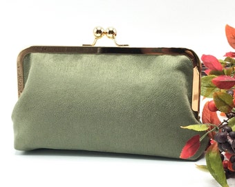 Olive Green Clutch/Vegan Suede Kiss Lock Purse/Wedding Clutch Purse/Mother's Day Gift/Evening Clutch/ID Card Wallet/Travel Passport Case