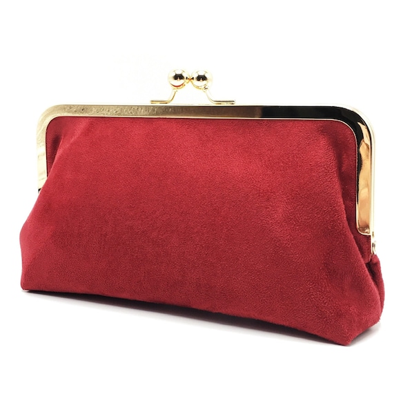 Dark Red Clutch/Vegan Suede Kiss Lock Purse/Red Clasp Purse/Maroon Red Wedding Clutch/Evening Clutch/Clasp ID Card Wallet/Clasp Cosmetic Bag