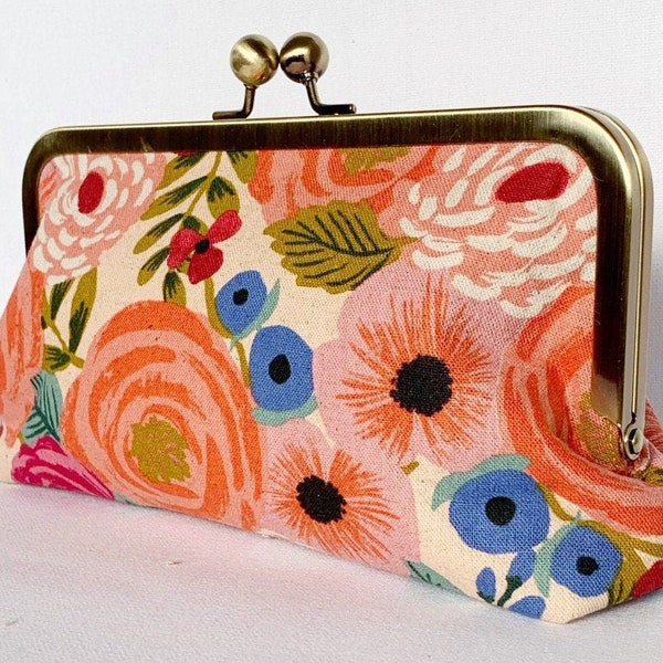 Floral Kiss Lock Clutch/Coral Pink Orange Clasp Purse/Mother's Day Gift/Pink Clasp Wallet/Floral Wedding Clutch/Travel Passport Wallet