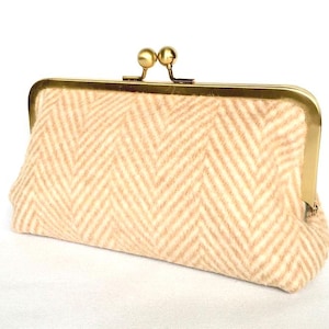 Beige White Herringbone Wool Clutch Bag with ID Card slot-Kiss Lock Clasp Purse-Clasp ID Card Wallet-Cute Cosmetic Bag-Wedding Clutch Purse