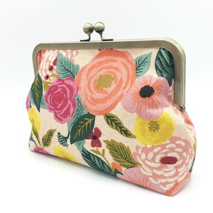 Floral Kiss Lock Clutch: Large Cosmetic Bag - Clasp Travel Wallet - Wedding Purse - Floral Garden Party Bag - Travel Accessories Gift