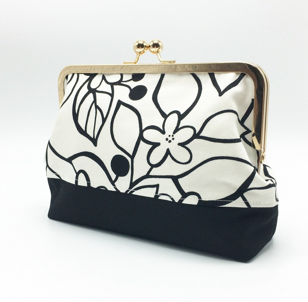 Black & Ivory Floral Kiss Lock Clutch Purse/mother's Day Gift/large