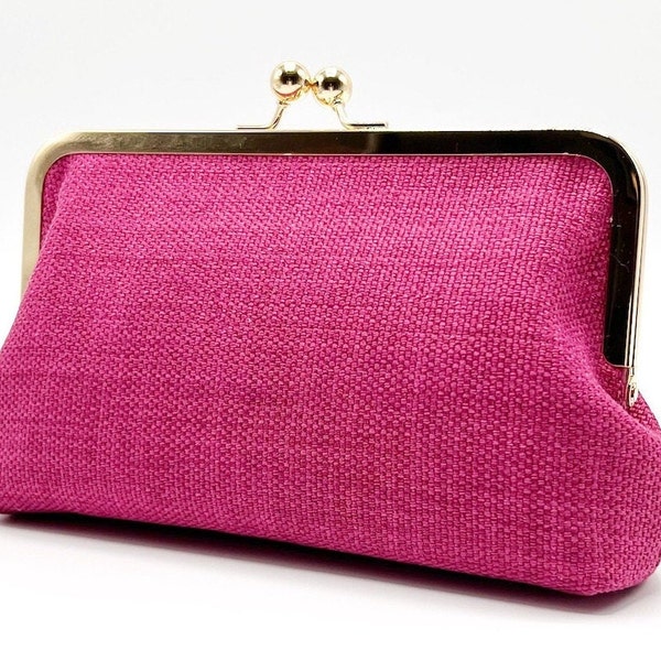 Raspberry Pink Magenta Woven Kiss Lock Clutch Purse/Wedding Clutch/Clasp Wallet/Travel Passport Wallet/Fuchsia Cosmetic Bag/Evening Clutch