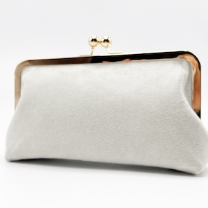 Ivory Champagne Gray Vegan Suede Kiss Lock Clutch-Wedding Clutch Purse-Formal Clasp Evening Bag-Cosmetic Bag-Pearl White Party Clutch Purse