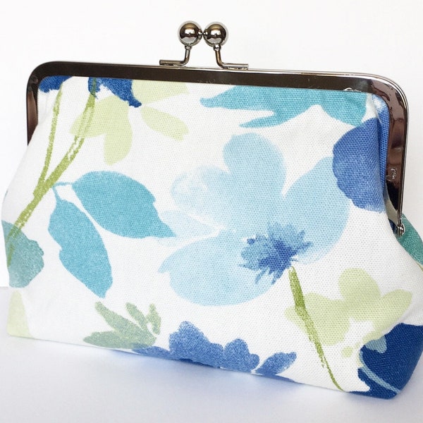 Royal Blue Green Floral Clutch/Blue Flower Kiss lock Purse/Mother's Day Gift/Wedding Clutch/Travel Passport Wallet/Large Blue Cosmetic Pouch