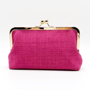 Raspberry Pink Woven Linen Kiss Lock Clutch - Fuchsia Wedding Purse - Clasp Cosmetic Bag