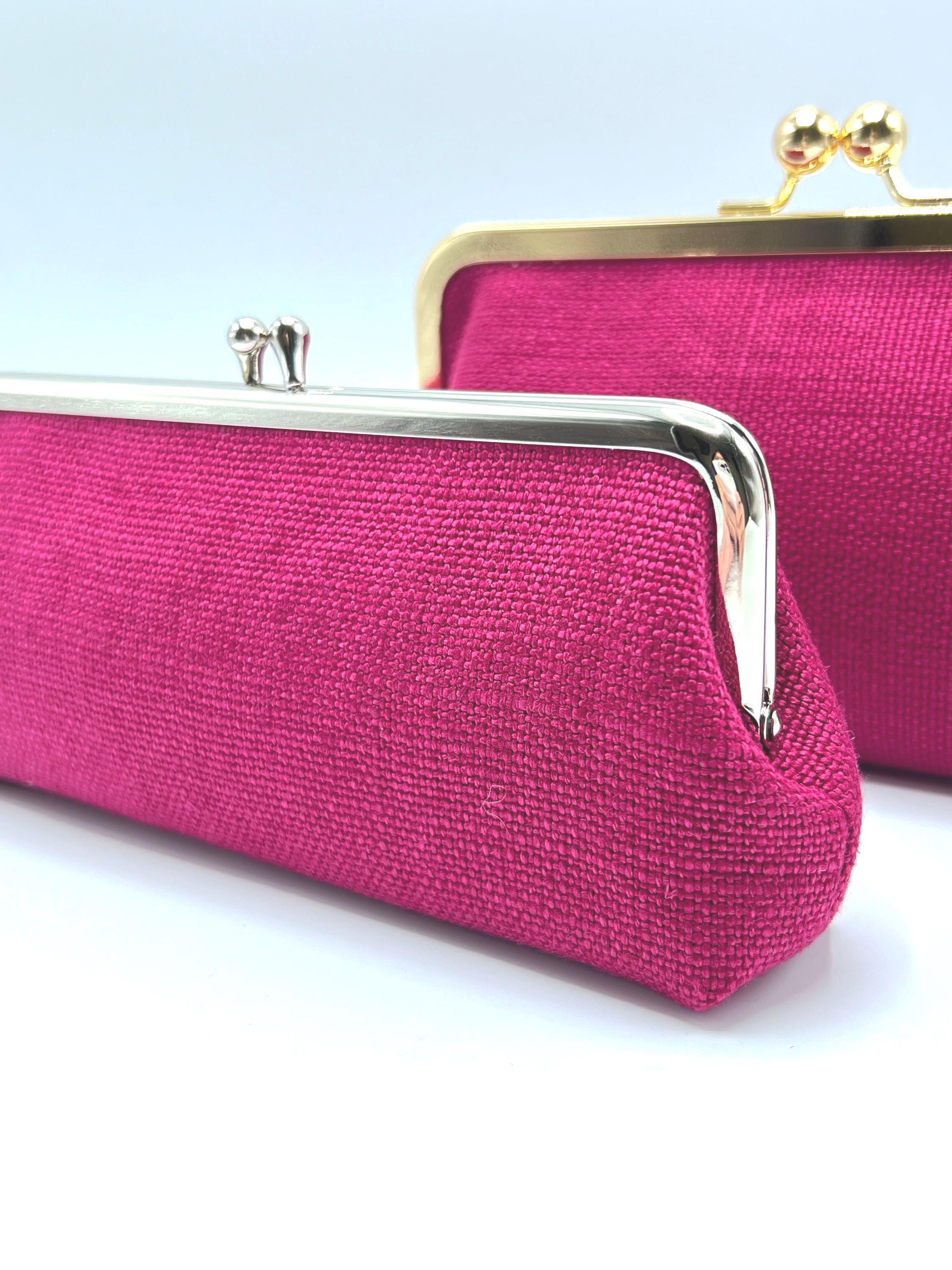 Magenta Linen Kiss Lock Clutch W/card Slot - Coin Purse - Card