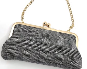 Glen Check Wool Kiss Lock Clutch - Black & White Plaid Clasp Purse - Cosmetic Bag