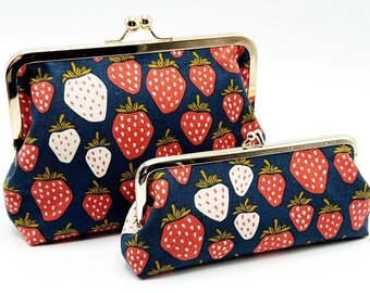 Strawberry Kiss Lock Purse/Navy Red Cosmetic Bag/Navy Clasp Wallet/Eye Glasses Case/Pen Case/Gift for Women/Knit Notions Case/Card Holder