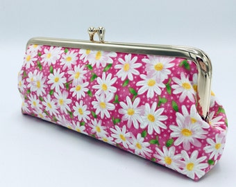 Pink Daisy Kiss Lock Wallet/Floral Clasp Clutch Purse/Cute Cosmetic Bag/ID Card Case/Eye Glasses Case/Cable Electronics Travel Organizer