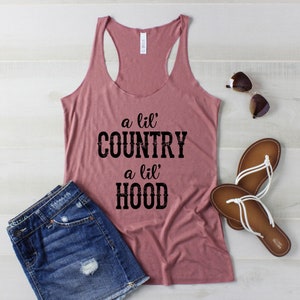 A little Country, A little Hood Distressed Women&#39;s Racerback Triblend Tank Top, Country Music Tank Top Shirts, Festival Concert Tank Tops