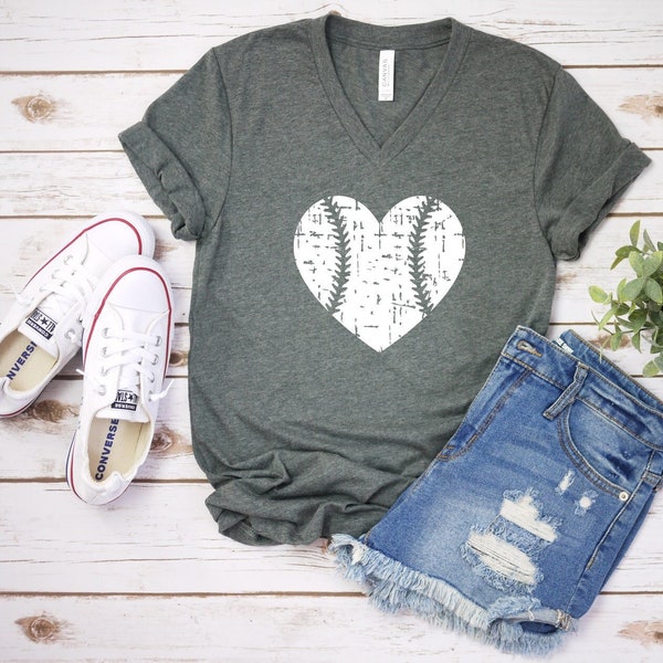 Baseball Heart Distressed T-Shirt, Baseball Mom V-Neck Shirt, Women's Baseball Shirt, Baseball Fan Shirt, Gift For Baseball Mom, More Colors